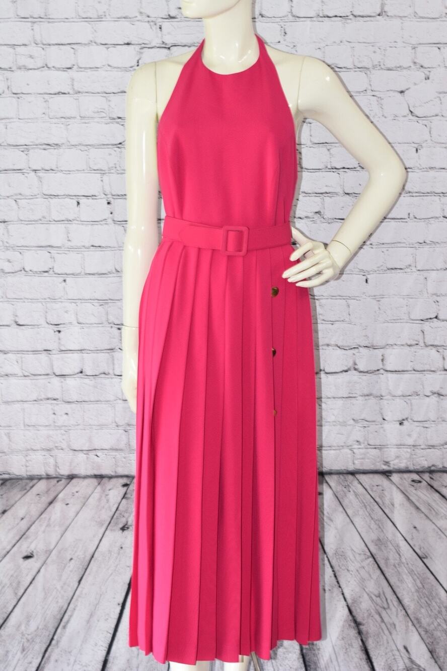 Vintage BILL BLASS Women Bright Pink Fuchsia Halter Pleated Midi Dress Size 6